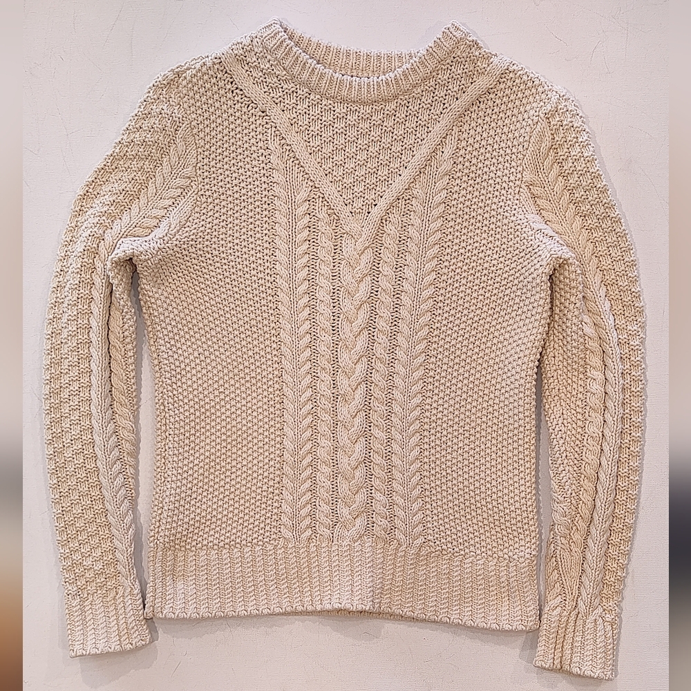 L.L.Bean Signature Women's Fisherman Cable Knit Sweater Cream Sz XS Preppy